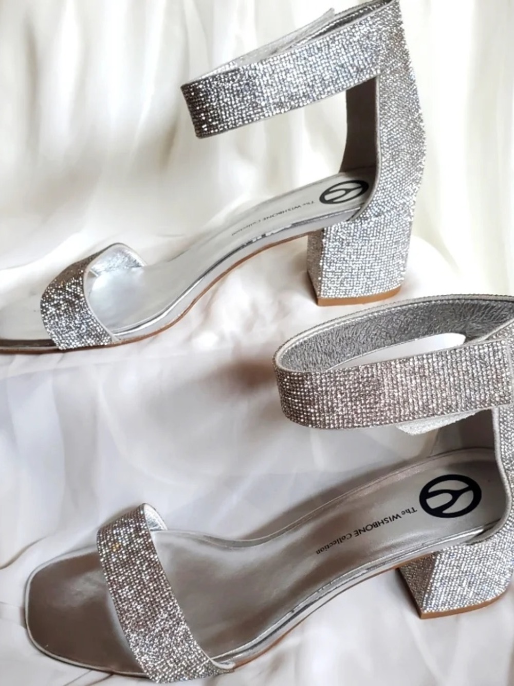 The Wishbone Collection Silver Crystal Block Heel Sandals